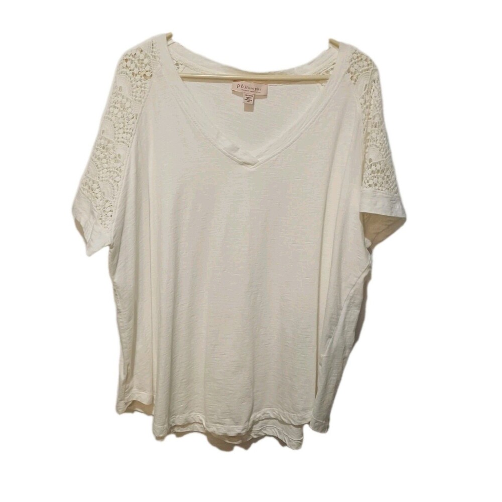 Philosophy Womens 3XL Top Crochet Openwork Short Sleeve Cotton Off White Cream